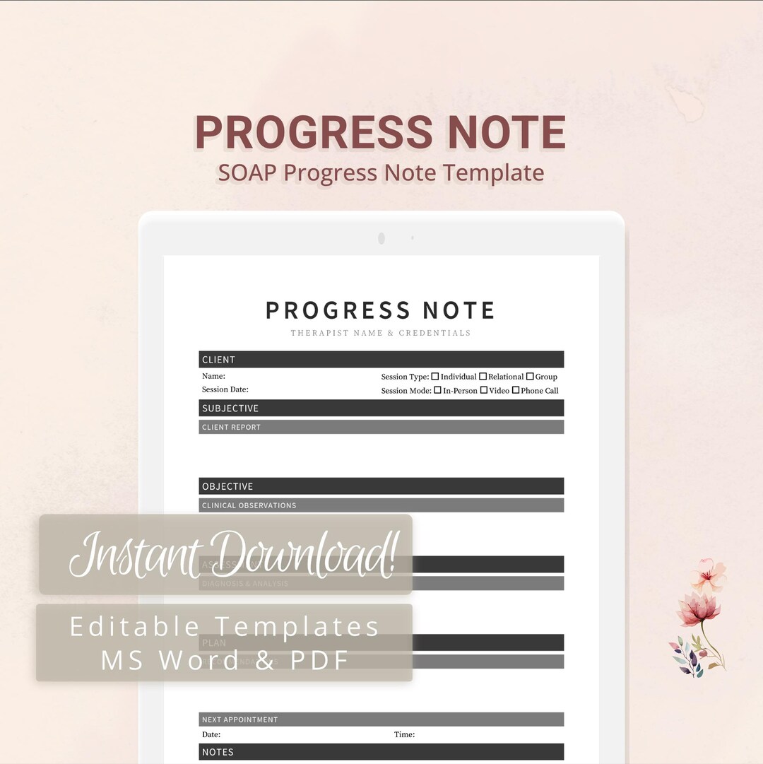 SOAP Progress Note Template for Therapists, Counselors, Psychologists ...