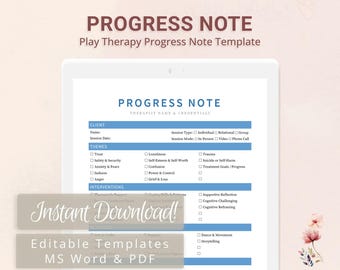 Play Therapy Progress Note Template for Therapists, Counselors, Psychologists, Social Workers | Fillable PDF | Word Template