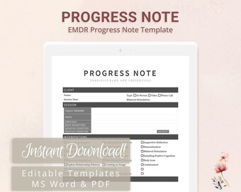 EMDR Progress Note Template for Therapists, Counselors, Psychologists, Social Workers | Fillable PDF | Word Template