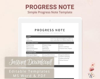 Simple Progress Note Template for Therapists, Counselors, Psychologists, Social Workers | Fillable PDF | Word Template