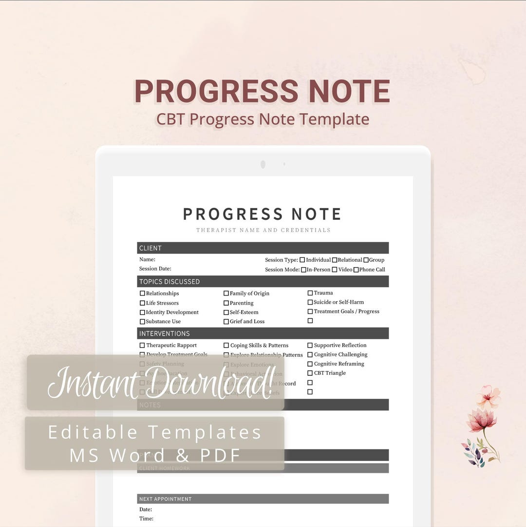 CBT Progress Note Template for Therapists, Counselors, Psychologists ...