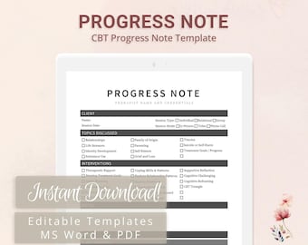 CBT Progress Note Template for Therapists, Counselors, Psychologists, Social Workers | Fillable PDF | Word Template