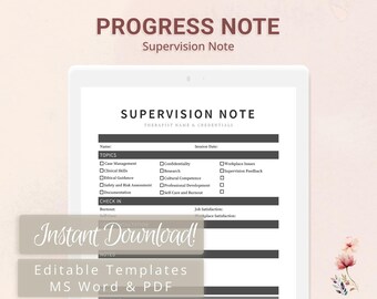 Supervision Note Template for Supervisors, Pre-Licensed Therapists, Counselors, Psychologists, Social Workers | Fillable PDF | Word Template