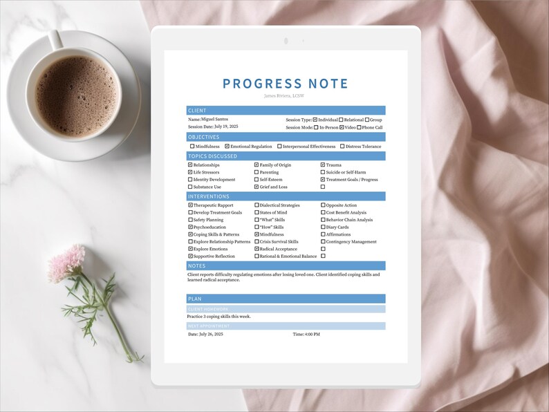 DBT Progress Note Template for Therapists, Counselors, Psychologists ...