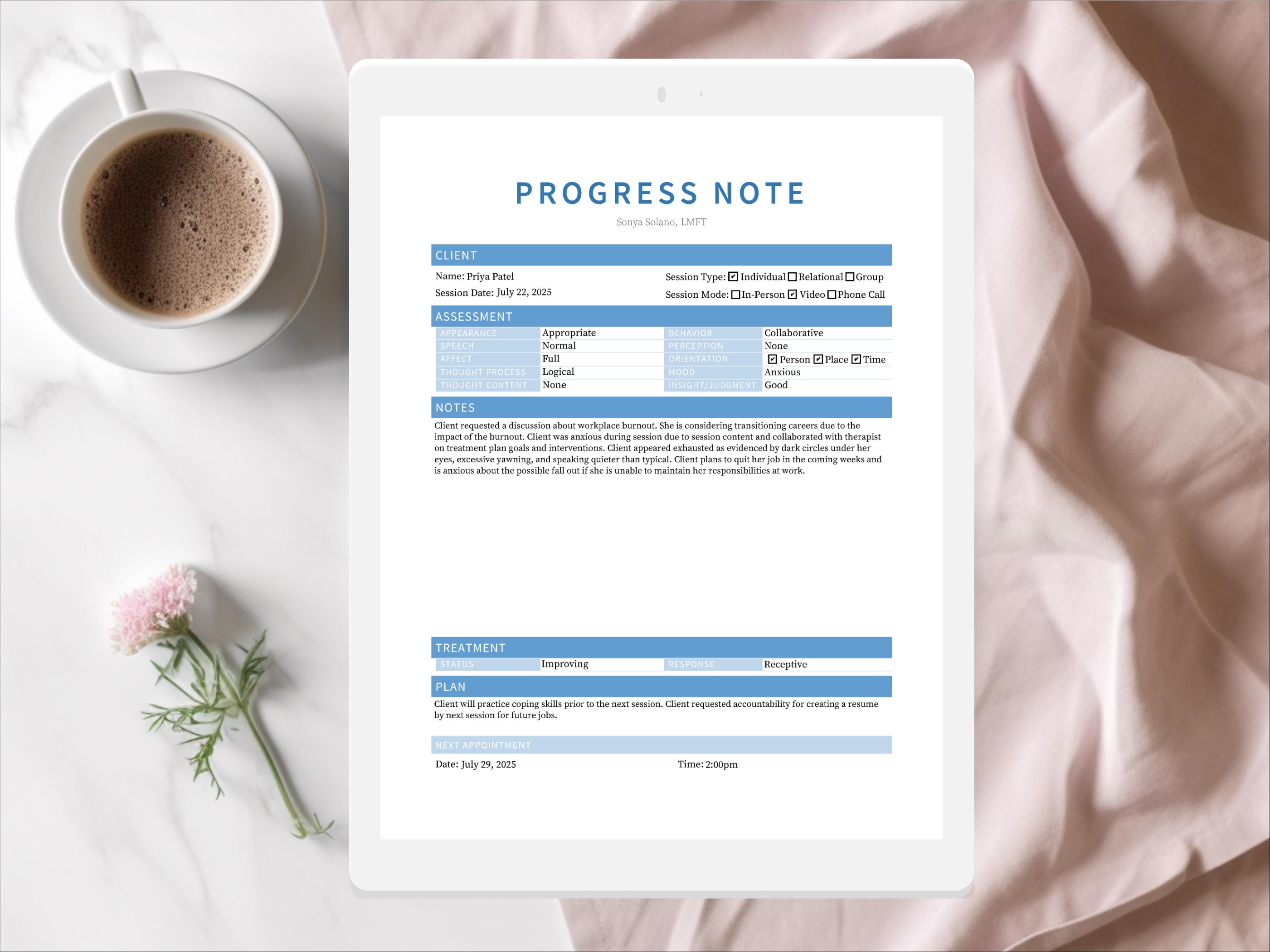Narrative Progress Notes Example Narrative Progress Note Template for Therapists, Counselors ...