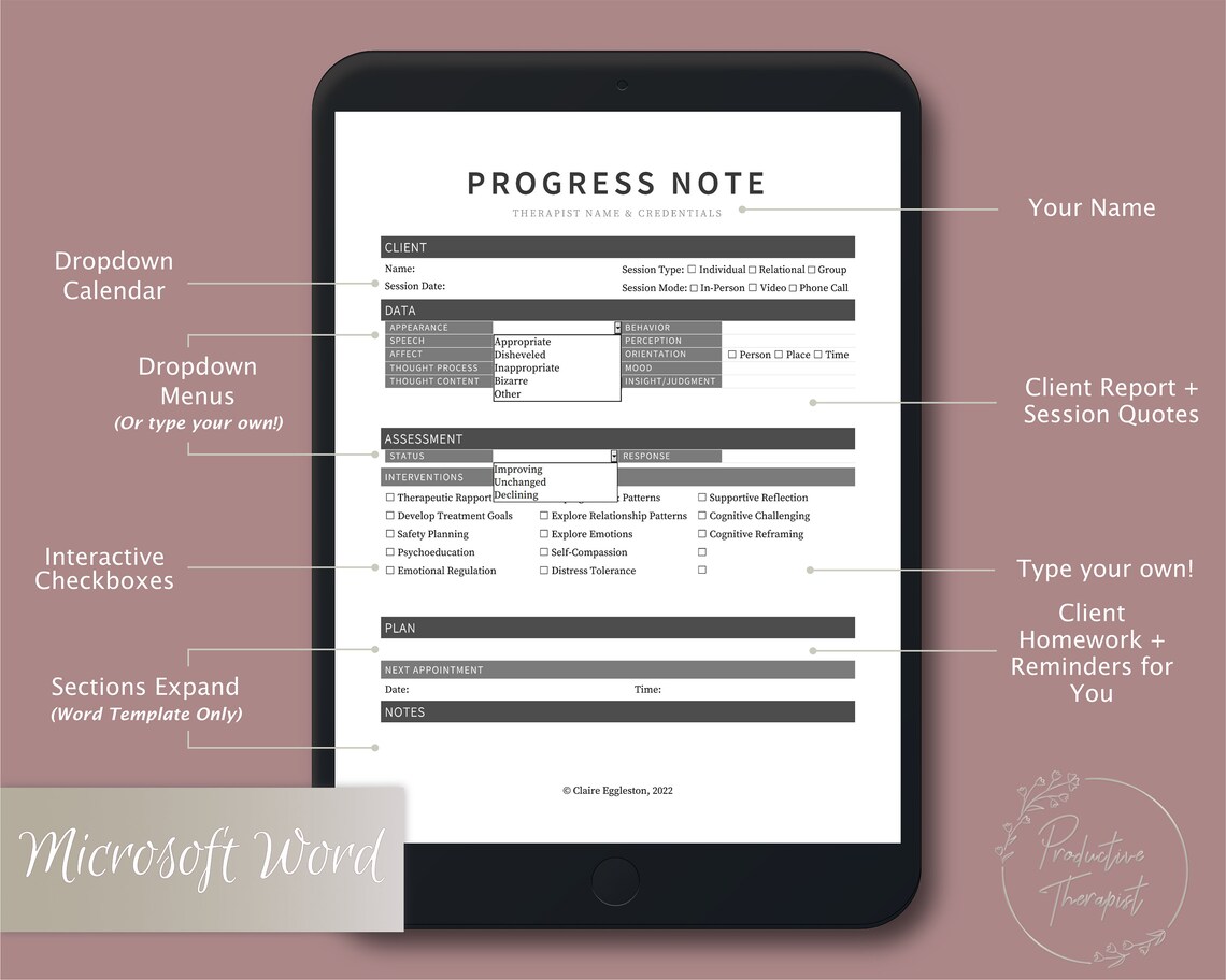 Checklist DAP Progress Note Template for Therapists, Counselors ...