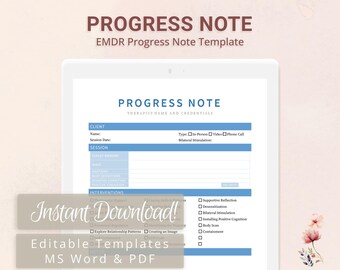 Modelo de nota de progresso do terapeuta EMDR para download digital em PDF preenchível, monitoramento do progresso da saúde mental, notas EMDR, gráfico de progresso, terapia