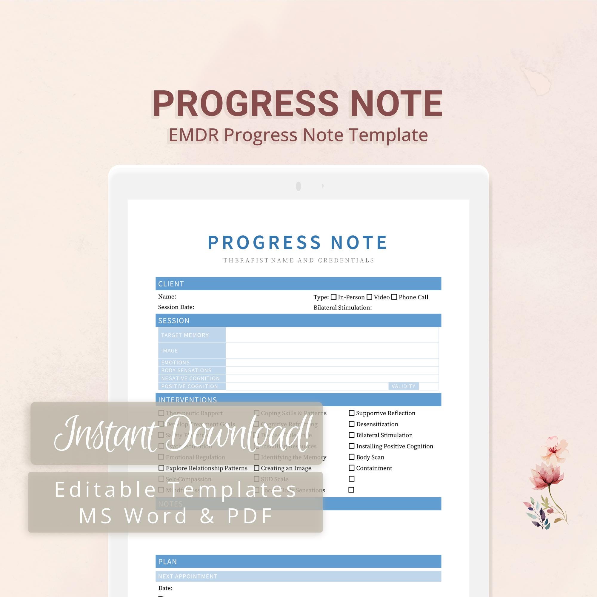 EMDR Therapist Progress Note Template Fillable PDF Digital Download ...