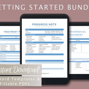 therapist documentation template fillable PDF digital download, biopsychosocial assessment, mental health treatment plan, progress notes
