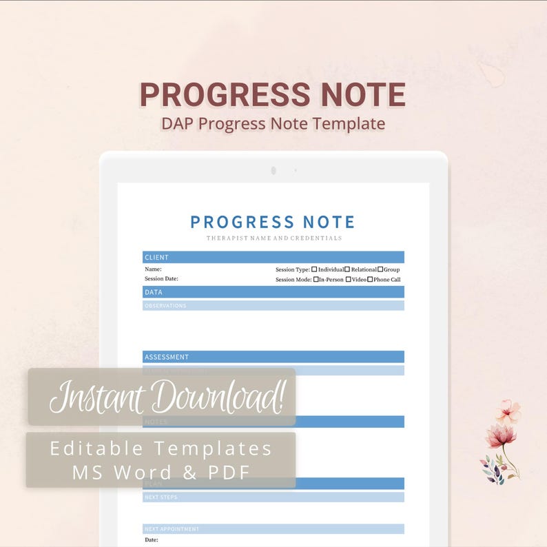 DAP Progress Note Template for Therapists, Counselors, Psychologists ...