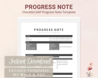 Checklist DAP Progress Note Template for Therapists, Counselors, Psychologists, Social Workers | Fillable PDF | Word Template