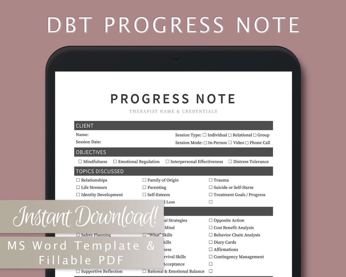 DBT Progress Note Template for Therapists, Counselors, Psychologists ...