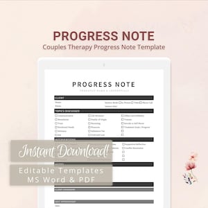 Couples Therapy Progress Note Template for Therapists, Counselors, Psychologists, Social Workers | Fillable PDF | Word Template