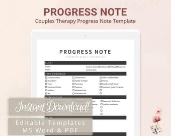 Couples Therapy Progress Note Template for Therapists, Counselors, Psychologists, Social Workers | Fillable PDF | Word Template