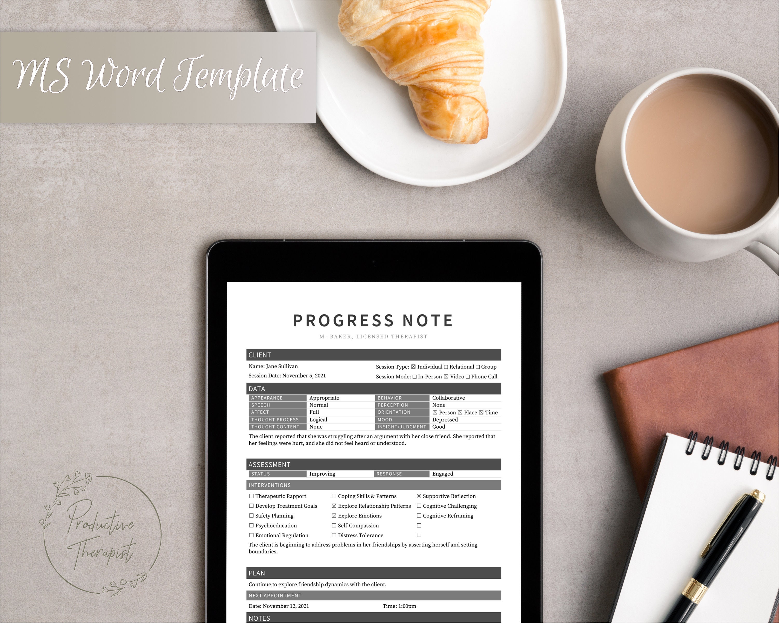 Checklist DAP Progress Note Template for Therapists, Counselors ...