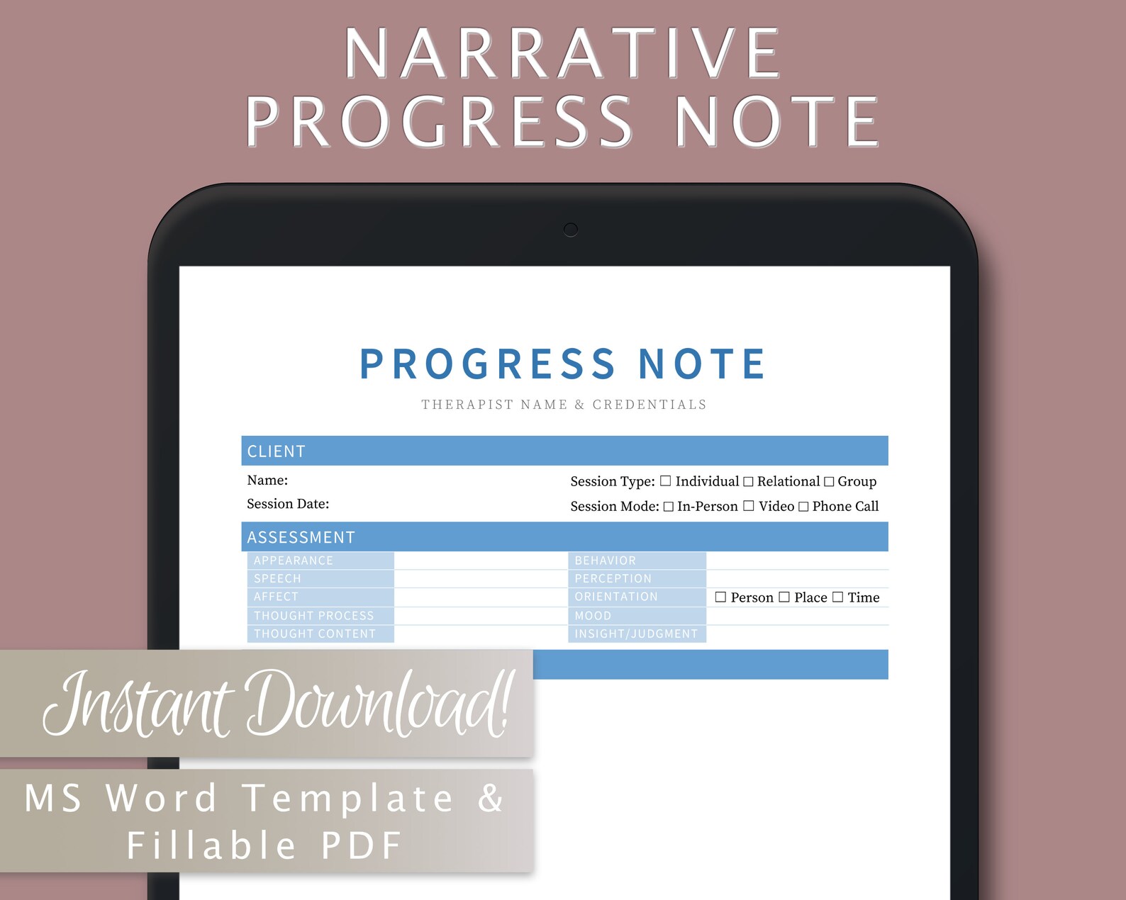 Narrative Progress Note Template for Therapists, Counselors ...