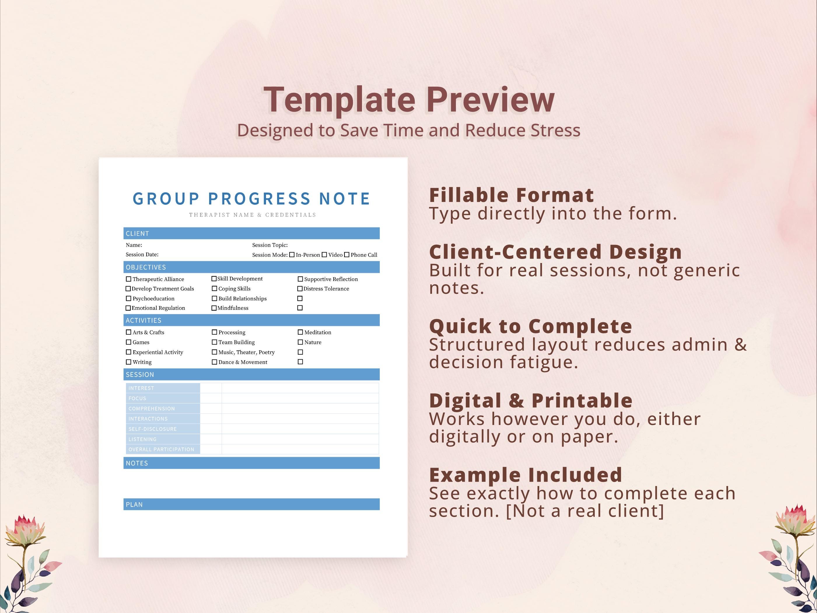 Group Therapy Progress Note Template for Therapists, Counselors ...