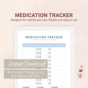 Puede incluir: Una plantilla digital de seguimiento de medicamentos para mascotas, mostrada en una tableta. El diseño presenta una combinación de colores azul y blanco con secciones para medicamentos, dosis, horario y notas. El texto incluye "Medication Tracker" y "Instant Download!"