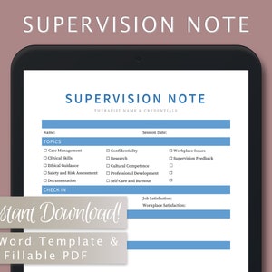 Modello di nota di supervisione per supervisori, terapisti pre-autorizzati, consulenti, psicologi, assistenti sociali / PDF compilabile / Modello Word