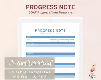 SOAP Progress Note Template for Therapists, Counselors, Psychologists, Social Workers | Fillable PDF | Word Template