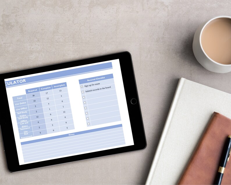 May include: A blue tablet with a checklist for renewal requirements. The checklist includes items like "Sign up for exams" and "Submit records to the board". The tablet is on a gray surface with a white notebook and a brown leather journal.