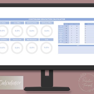 May include: A computer screen displaying a continuing education calculator with a blue and white color scheme. The calculator includes sections for live online, live offline, self-study online, and self-study offline. The screen also includes a checklist and a section for notes.