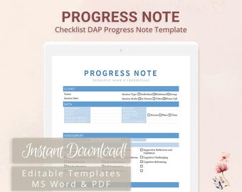 Checklist DAP Progress Note Template for Therapists, Counselors, Psychologists, Social Workers | Fillable PDF | Word Template