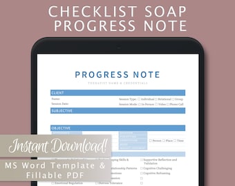 Checklist SOAP Progress Note Template for Therapists, Counselors, Psychologists, Social Workers | Fillable PDF | Word Template