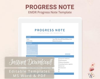 EMDR Progress Note Template for Therapists, Counselors, Psychologists, Social Workers | Fillable PDF | Word Template