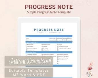 Simple Progress Note Template for Therapists, Counselors, Psychologists, Social Workers | Fillable PDF | Word Template