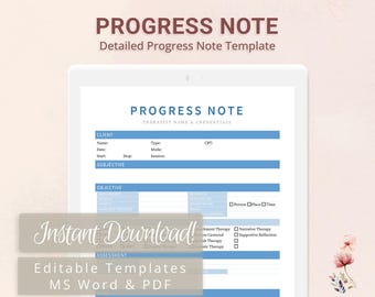 Detailed Progress Note Template for Therapists, Counselors, Psychologists, Social Workers | Fillable PDF | Word Template