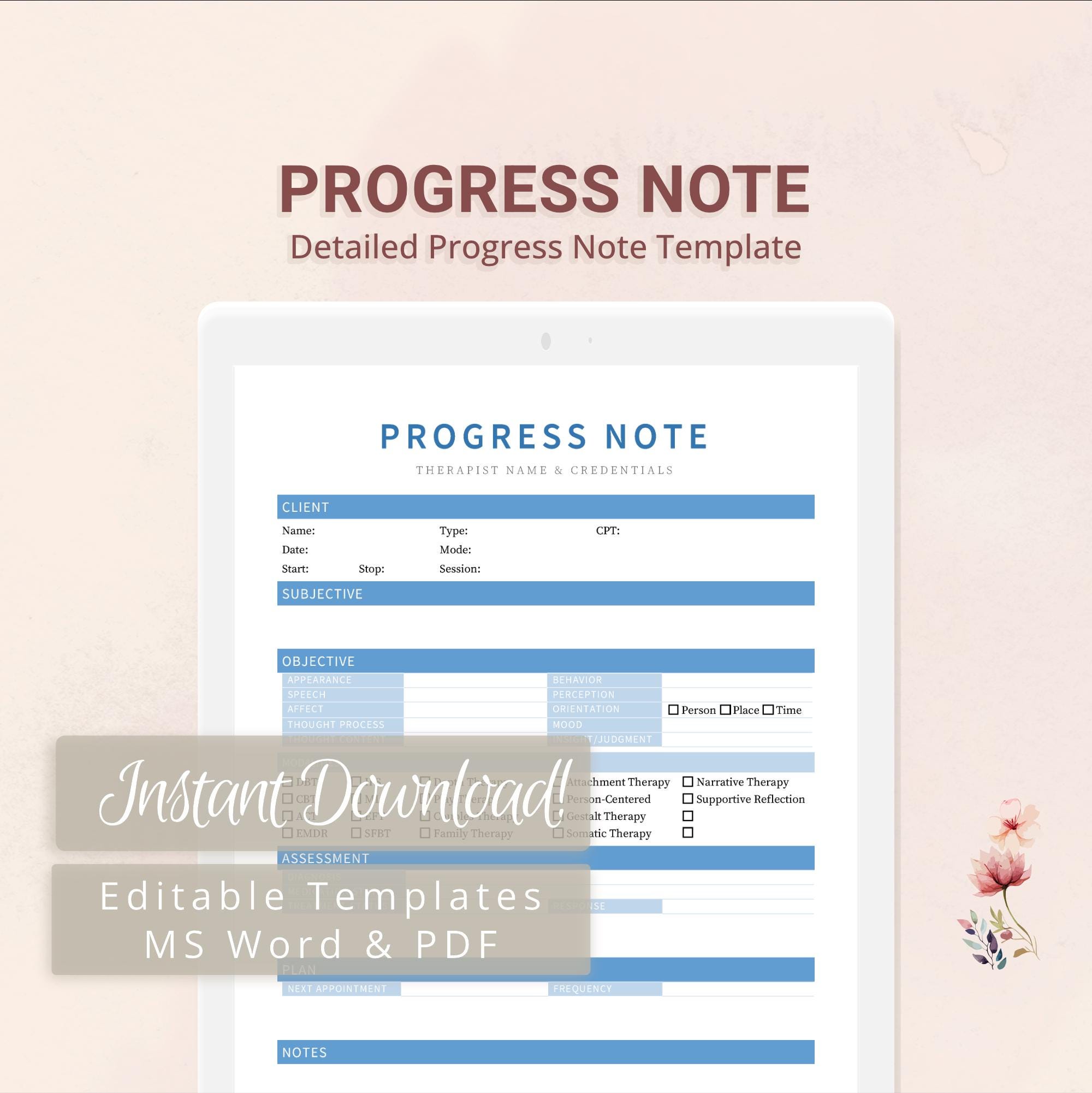 Detailed Progress Note Template for Therapists, Counselors ...