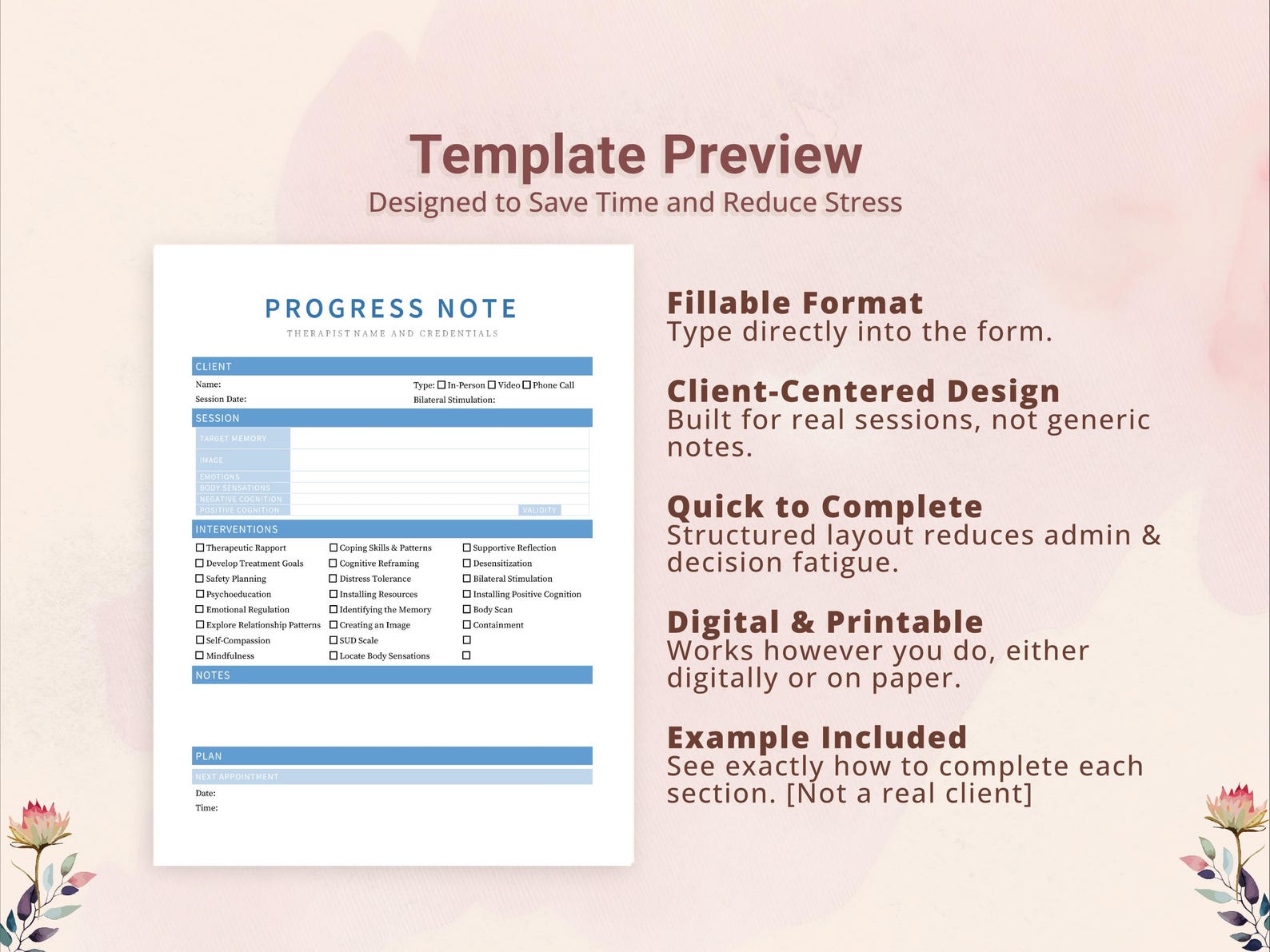 EMDR Progress Note Template for Therapists, Counselors, Psychologists ...