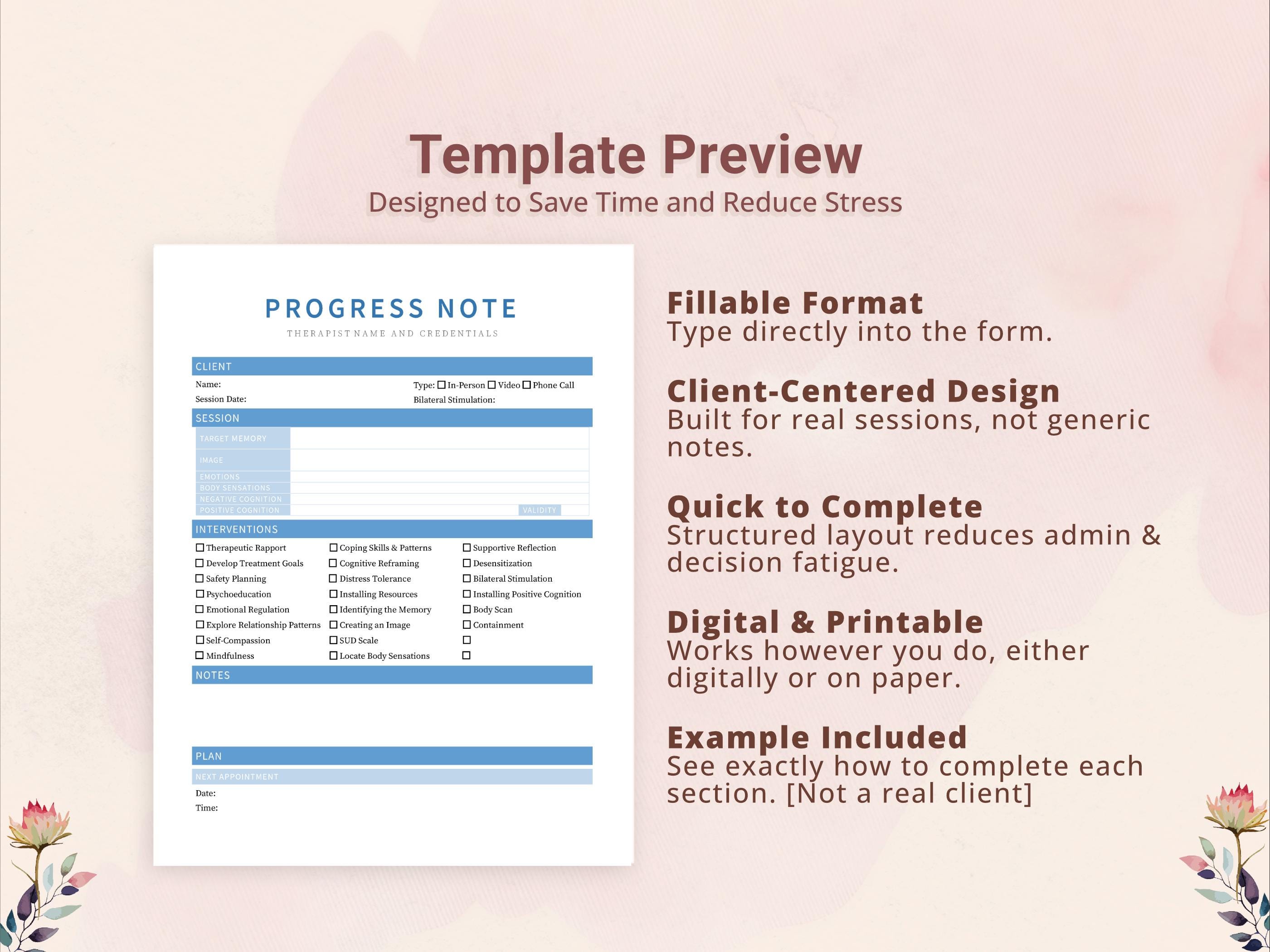 EMDR Progress Note Template for Therapists, Counselors, Psychologists ...