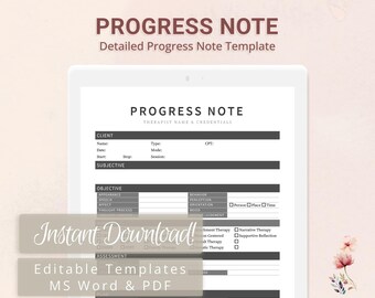 Detailed Progress Note Template for Therapists, Counselors, Psychologists, Social Workers | Fillable PDF | Word Template