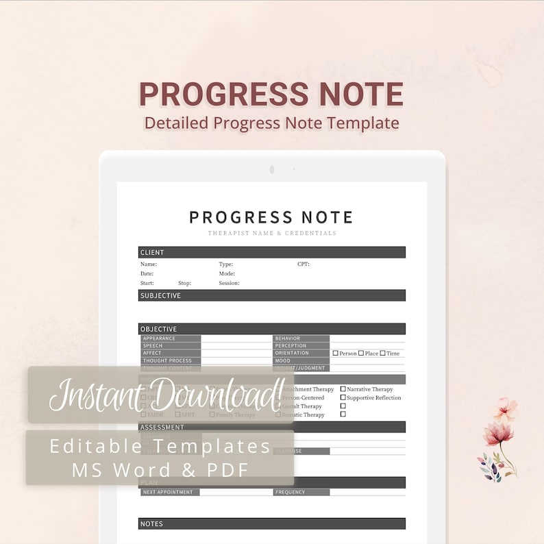 Detailed Progress Note Template for Therapists, Counselors ...