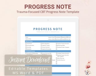 May include: A digital tablet displays a "Progress Note" template for trauma-focused CBT. The document includes sections for objectives, interventions, and notes, with the text "Instant Download!" and "Editable Templates MS Word & PDF" overlaid.