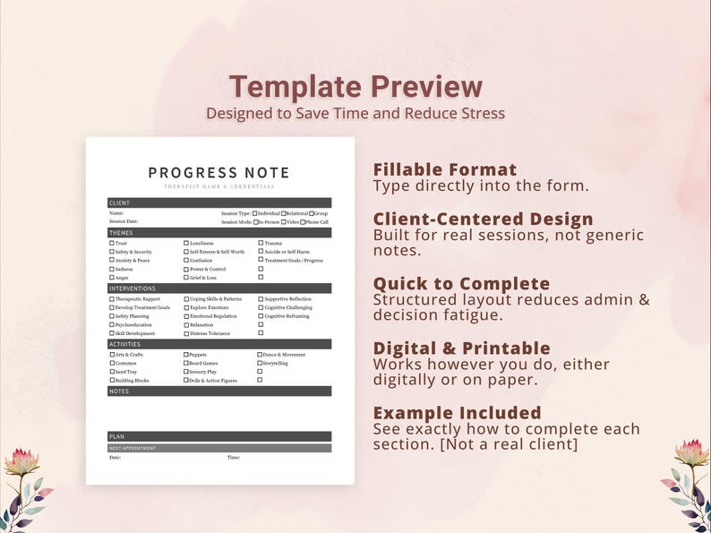 Play Therapy Progress Note Template for Therapists, Counselors ...