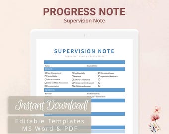 Supervision Note Template for Supervisors, Pre-Licensed Therapists, Counselors, Psychologists, Social Workers | Fillable PDF | Word Template