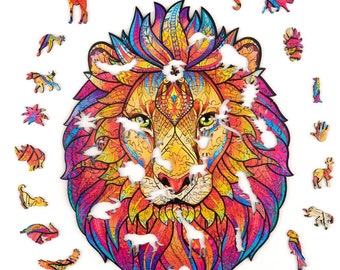 Wooden Jigsaw Puzzles for Adults and Kids Unique Shape Lion Jigsaw Pieces Best Gift Family Game Play Collection for Decorative,Small Size 8.3X7.5inches,110pieces