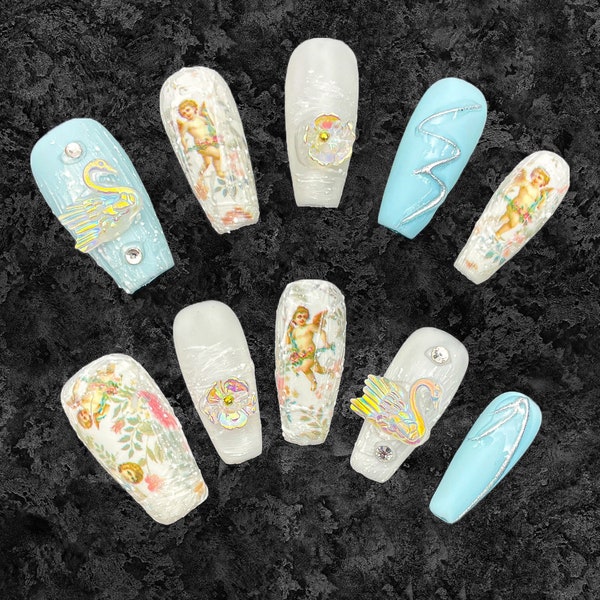 Artsy Paint White Blue Press On Nails|Cute Glue On Nails|Coffin Fake Nails 22mm | Handmade| Press Ons with Charm|Trendy Summer Party Nails