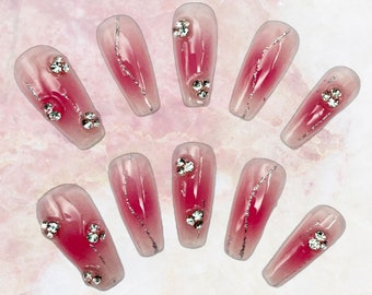 Pink Rhinestone Acrylic Press On Nails|Cute Glue On Nails|Coffin Fake Nails 22mm | Handmade| Press Ons with Charm|Trendy Summer Party Nails