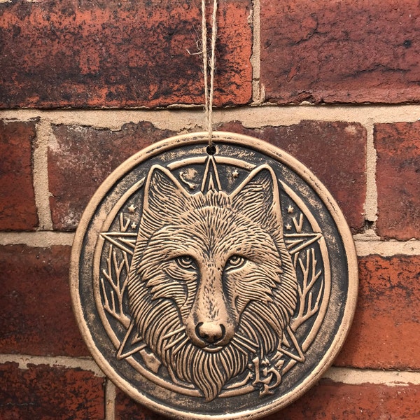 Bronze wild wolf ceramic tile - wild one - garden tile - spirit animal - magic decor - altar wolf - pentagram - pagan wiccan