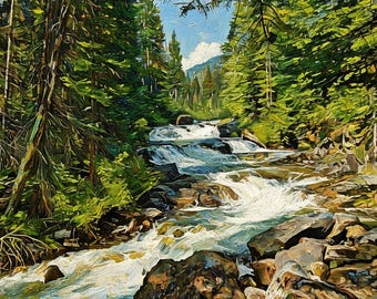 Fotografía a pintura - Lámina artística de río de montaña / Paisaje de río de montaña – 0240p