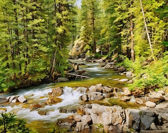 Pintura a partir de una fotografía - Arte de paisaje de río de montaña / Obra de arte de paisaje de montaña – 0239p