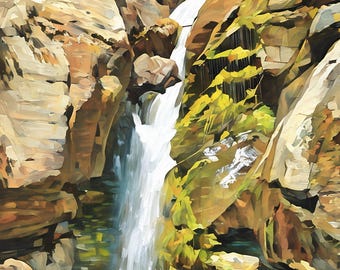 Photo into Painting - Mountain Waterfall Art | Waterfall Landscape Print | Mountain Waterfall Landscape Art – 0235p