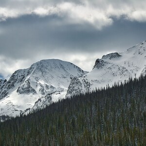 May include: A scenic landscape featuring snow-covered mountain peaks under a cloudy sky. The mountains are partially covered in snow, with a dense forest of evergreen trees in the foreground. The sky is a mix of gray and blue.