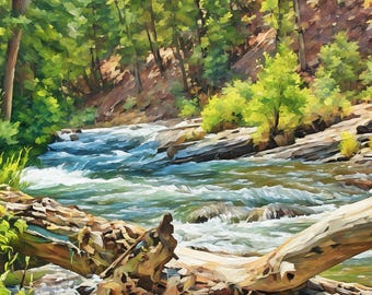 Fotografía convertida en pintura - Arte de río de montaña / Arte de paisaje de río de montaña / Obra de arte de paisaje de montaña – 0234p