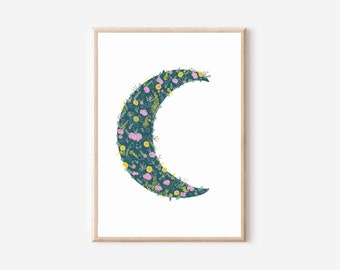 Floral moon, watercolor print, crescent moon with floral design, flower moon, celestial watercolor, crescent moon, moon, celestial floral