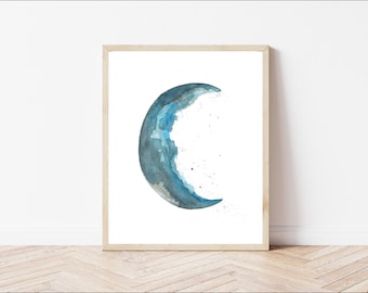 blue moon, watercolor print, digital print, celestial watercolor, celestial art, moon watercolor, blue moon artwork